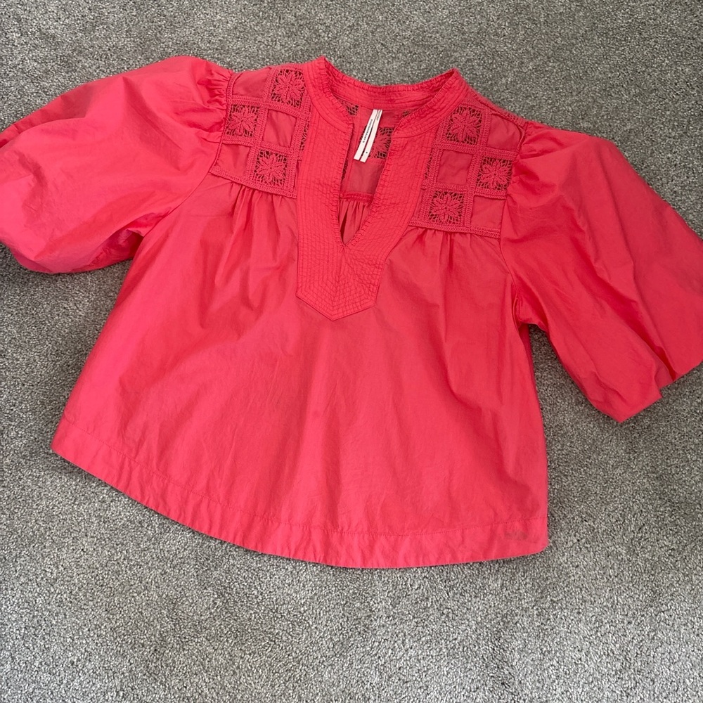 Anthropologie Coral Embroidered Peasant Blouse Size Medium